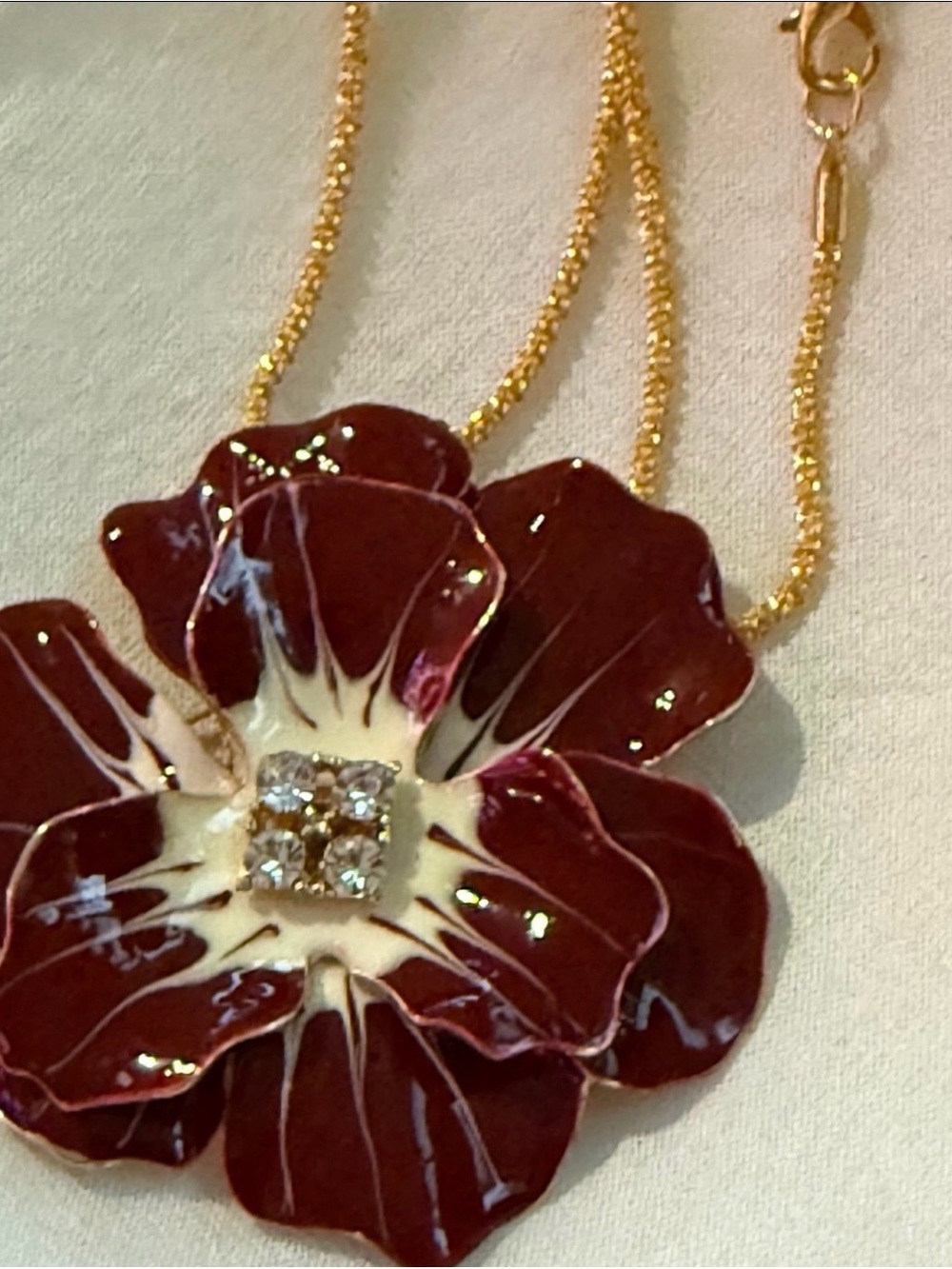Gold Chain Necklace with Burgundy Enamel Flower Pendant